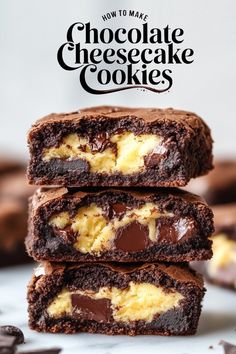 three chocolate cheesecake cookies stacked on top of each other