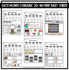 four different worksheets with the words each month contains 20 - 40 ppp daily sheets