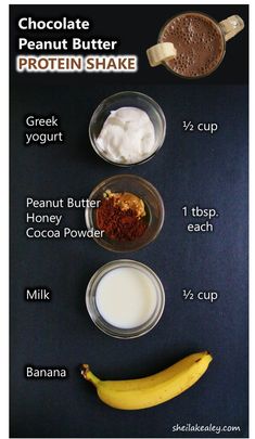 the ingredients to make chocolate peanut butter protein shake are shown in separate bowls and labeled