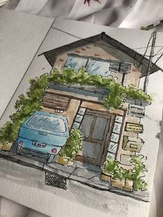 a drawing of a car parked in front of a house with plants growing on it