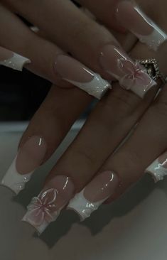 Nails Prom Pink, Ethereal Nails Square, Nail Ideas White French Tip, Gel Ex Nails, Jelly Flower Nails, White French Tip Nails With Design Ideas, White French Nails Design, Orchid Nails