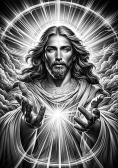 jesus holding his hands out in front of the sun with clouds and stars around him