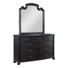 an ornate dresser and mirror with black wood finish, one drawer is open and the other has