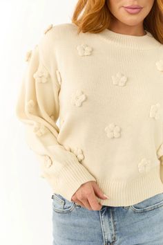 Cream Knit Floral Applique Sweater | Lime Lush Boutique Ribbed Cotton Knit Top For Fall, Winter Ribbed Cotton Knit Top, Cream Stretch Sweater With Ribbed Cuffs, Stretch Cream Sweater With Ribbed Cuffs, Ribbed Cream Knit Top For Fall, Spring Soft Knit Turtleneck Sweater, Cream Ribbed Knit Sweater, Cream Ribbed Knit Top For Fall, Cozy Knit Top With Ribbed Cuffs