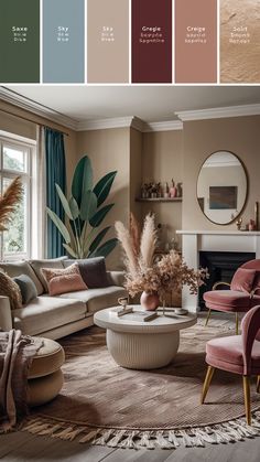 a living room filled with furniture and lots of color swatches in shades of brown, pink