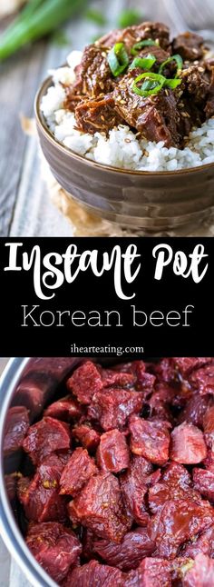 korean beef and rice in a bowl with the title above it, inseate pot korean beef