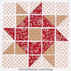 a red and white quilted block with many different designs