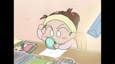 a cartoon character sitting at a desk with papers and pens in front of her face