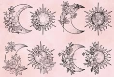 sunflowers and moon tattoo designs on pink paper with watermarked inking