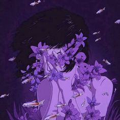 a painting of a woman with purple flowers in her hair and fish swimming around her