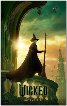 a movie poster for the wizard who is sitting on top of a building with a broom