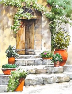 watercolor painting of potted plants in front of an old door with steps leading up to it