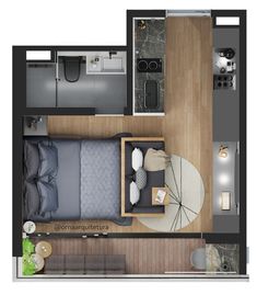 an overhead view of a bedroom and living room in a small apartment with wood flooring