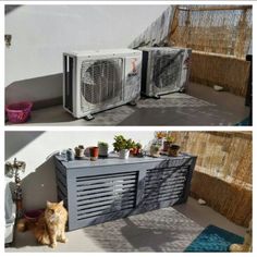 two pictures of an air conditioner and a cat