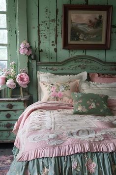 a bedroom with green walls and pink flowers on the bed