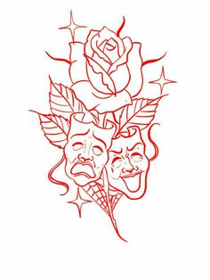 two masks with roses and stars on their heads, one is drawn in red ink