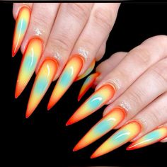 Orange Aura Nails, Colorful Aura, Aura Nails, Long Acrylic Nail Designs, Airbrush Nails, Stiletto Nails Designs, Glow Nails, Nail Stuff