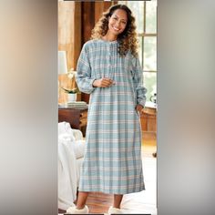 Ella Simone Portuguese Cotton Flannel Sky Blue Plaid Nightgown Style # 84851 100% Cotton Classic Nightgown With Banded Collar Generously Sized For A Comfortable Fit Extra Soft All-Cotton Flannel Approximately 49” Long Maxine Wash & Dry Made In Portugal Flaw - Plaid Does Not Match Up At Buttons Cotton Nighty For Women, Plaid Nightgown, Halloween Pajama Pants, Silk Pajama Pants, Flannel Nightgown, Red Pajamas, Flannel Pajama Pants, Flannel Pajama Sets, Red Plaid Flannel