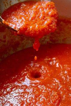 a spoon full of tomato sauce being lifted from a pot