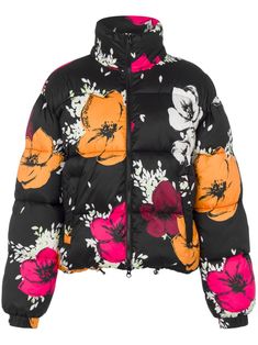 Multicolor Long Sleeve Puffer Jacket For Spring, Multicolor Spring Puffer Jacket, Winter Floral Print Fitted Outerwear, Fitted Winter Outerwear With Floral Print, Multicolor Puffer Outerwear For Spring, Spring Floral Print Streetwear Outerwear, Floral Print Long Sleeve Outerwear For Streetwear, Spring Puffer Jacket With Ribbed Cuffs, Trendy Quilted Jacket With Padded Collar For Spring