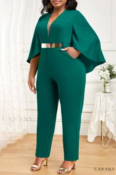 Lasaky - Chic Patchwork Plus Size Jumpsuit with V-Neck Design (Belt Not Included) Curvy Maxi Dress, Patchwork Jumpsuit, Asymmetrical Collar, Beautiful Evening Dresses, Cape Sleeves, Plus Size Jumpsuit, Stylish Plus, Jumpsuit With Sleeves, Batwing Sleeve