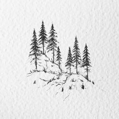 a drawing of some trees on top of a snow covered hill in the middle of winter