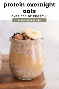 an oatmeal in a glass jar with chocolate chips and banana on top