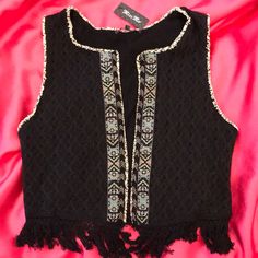 Black Crochet-Like Vest. Beaded And Fringed Along The Edges Of The Vest. Brand New With Tags. Black Tops With Beaded Fringe For Night Out, Black Beaded Fringe Tops For Night Out, Bling Denim, Fur Lined Hoodie, Suede Fringe Vest, Faux Suede Vest, Jean Jacket Vest, Boho Vest, Faux Fur Sweater