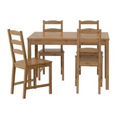 a wooden table and four chairs with one chair on the other side, in front of a white background