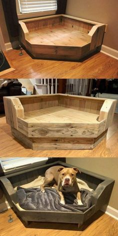 the dog bed is made out of pallet wood