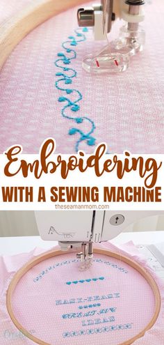 an embroidery machine with the words embroding on it, and a pink table cloth