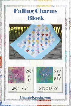 the pattern for falling charms block quilt is shown in three different colors and sizes, including blue