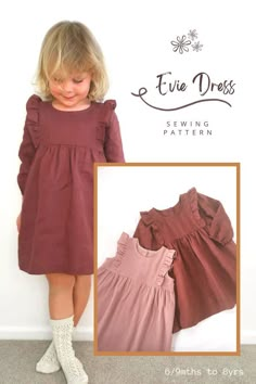 Evie Dress sewing pattern (6/9mths to 8yrs). This easy-fitting dress with a round neck has a lot of excellent features including a gathered skirt at the empire waist, ruffled bodice, and back button closure. You can make this dress with long sleeves with elasticated cuffs or sleeveless. Self-bias binding finishes the armholes and neckline. SewModernKids Toddler Girl Winter Dress, Baby Dress Sewing Patterns Free, Free Children's Sewing Patterns, Easy Girls Dress Pattern Free, Diy Girls Clothes, Dress For Dolls Diy