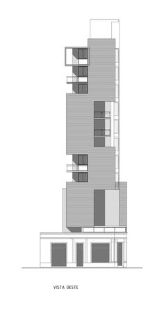 a drawing of a tall building with windows and balconies on the top floor