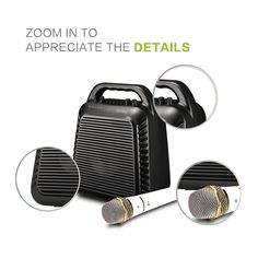 an advertisement for a portable radio with two microphones in front of it and the words zoomin to appreciate the details