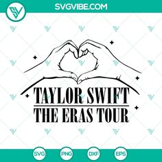 taylor swift the eras tour logo with two hands making a heart shape in black and white