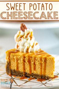 this sweet potato cheesecake is topped with whipped cream and pecans