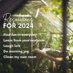 an image of a greenhouse with the words resolution for 2024 written in white on it