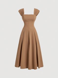 Khaki Shell Sleeve Pleated Umbrella Long Dress,Formal Dress,Fall Women Dresses,Cruise Women Outfits,90s Outfit, Clothes,Bridesmaid Dress,Dinner Outfithomecoming Dresses,Fairy Core,Old Money,Renaissance Khaki Elegant  Sleeveless Knitted Fabric Plain A Line Medium Stretch  Women Clothing, size features are:Bust: ,Length: ,Sleeve Length: Beige And Brown Bridesmaid Dress, Gathered Bust Dress, Old Money Dresses Women, Shein Outfits Dresses, Formal Modest Dresses, Cc41 Clothing, Simple Dinner Dress, Old Money Dresses, Fairy Core Dress