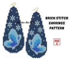 a pair of blue and white earrings with the words brick stitch earrings pattern on them