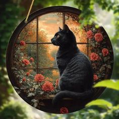 a black cat sitting in front of a window with roses on it's side