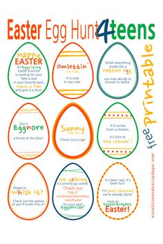 an easter egg hunt is shown with the words, eggs and names in different colors