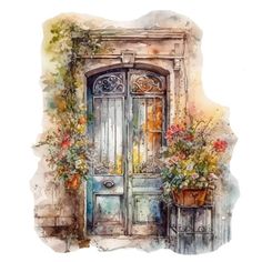 a watercolor painting of an old door with potted flowers