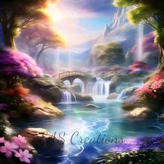 a painting of a waterfall and bridge with the words u s creations written below it