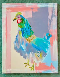 a painting of a colorful chicken on a green background