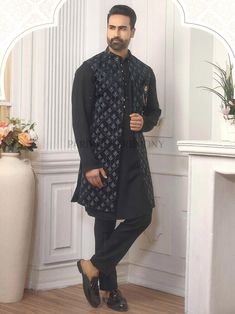 Designer Long Nehru jacket with Silk kurta pajama for groom & his friends & Family made from the finest fabric will make you feel like a king.you can customize it according to your measurement as the fitting make it more beautiful to wear.indian vest,vest with kurta,eid dress,eid kurta pyjama,diwali kurta pyjama,wedding kurta Kurta With Long Jacket For Men, Designer Dabka Nehru Jacket For Winter, Winter Straight Kurta With Dabka Work, Nehru Jacket With Dabka For Winter Festivals, Unstitched Winter Kurta With Dabka, Bollywood Style Winter Kurta With Dabka, Winter Bollywood Style Kurta With Dabka, Bollywood Style Dabka Work Kurta For Winter, Dabka Work Straight Kurta