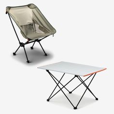 two folding chairs and a small table with an open cover on it's legs