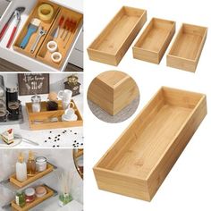 several different pictures of wooden trays and utensils in various stages of being organized