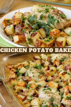 chicken potato bake before and after being cooked in the oven with parsley on top