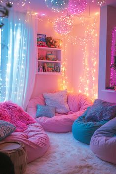 a room filled with lots of pillows and lights